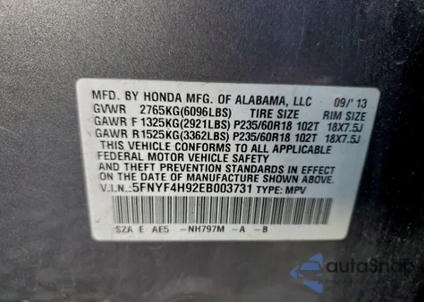 2014 Honda Pilot Touring z USA, uszkodzony, nr VIN 5FNYF4H92EB003731